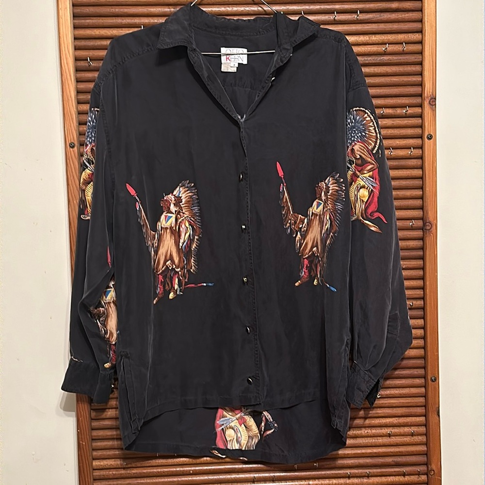 Vintage-Inspired Black Button-Front Silk Blouse with Native Motif